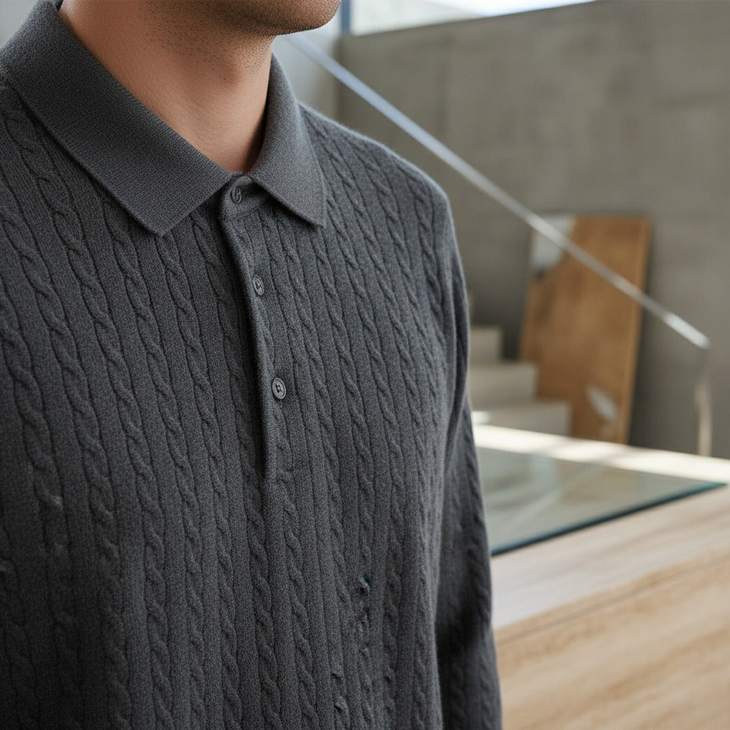 Cable Knit Polo Shirt - Charcoal Grey - Back View