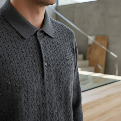 Cable Knit Polo Shirt - Charcoal Grey - Back View