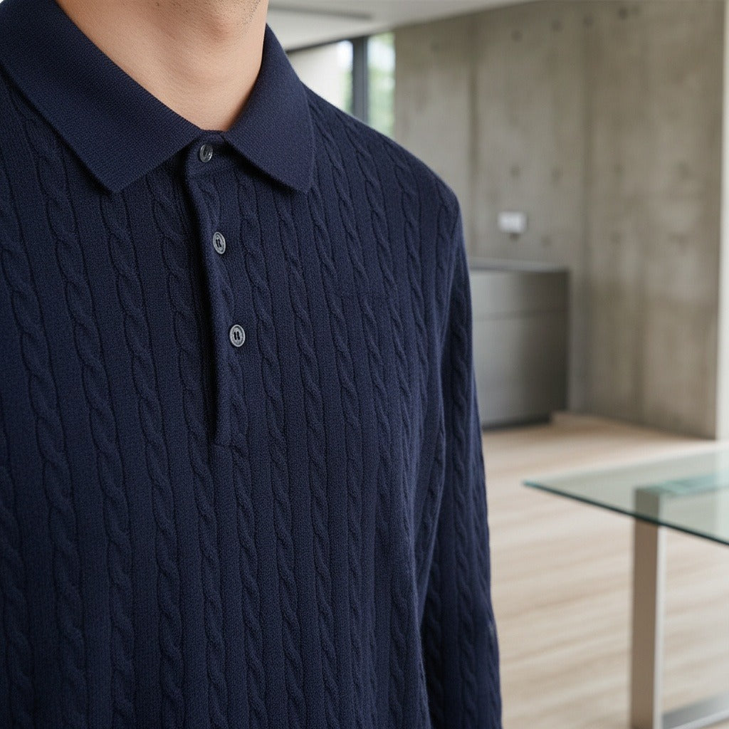 Cable Knit Polo Shirt - Navy Blue - Back View