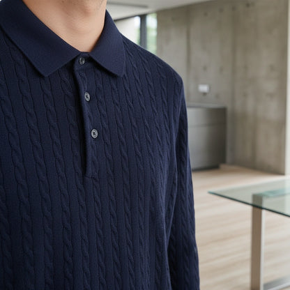 Cable Knit Polo Shirt - Navy Blue - Back View