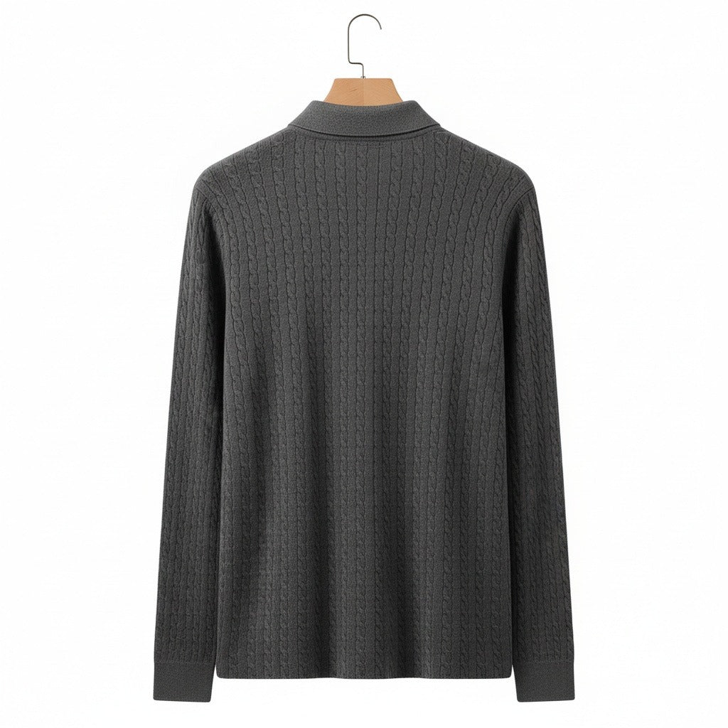 Cable Knit Polo Shirt - Charcoal Grey - Fabric Detail
