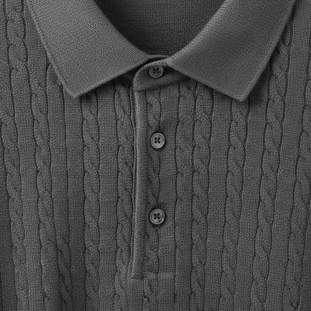 Cable Knit Polo Shirt - Charcoal Grey - Texture Close Up