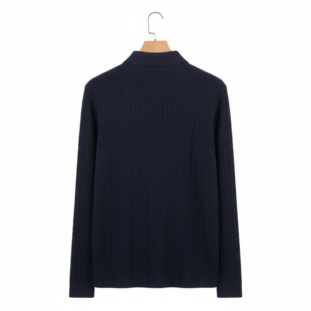 Cable Knit Polo Shirt - Navy Blue - Fabric Detail