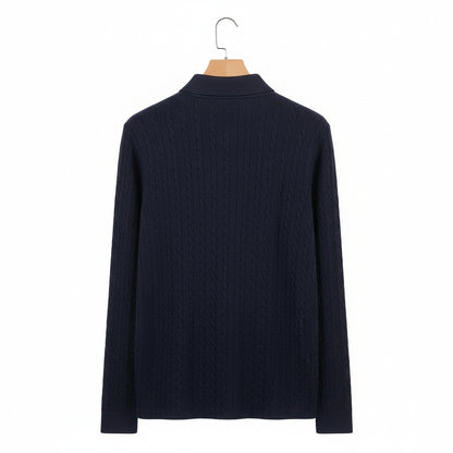 Cable Knit Polo Shirt - Navy Blue - Fabric Detail