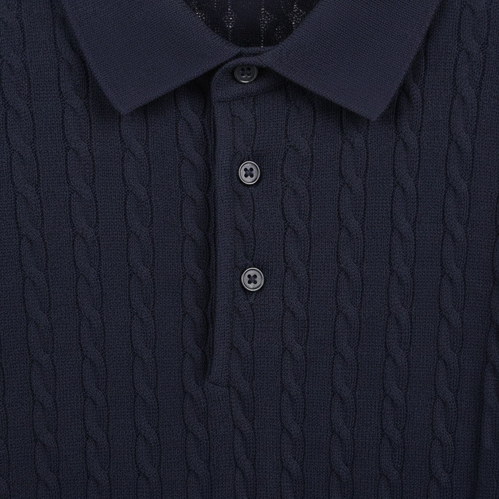 Cable Knit Polo Shirt - Navy Blue - Texture Close Up