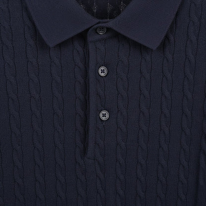 Cable Knit Polo Shirt - Navy Blue - Texture Close Up