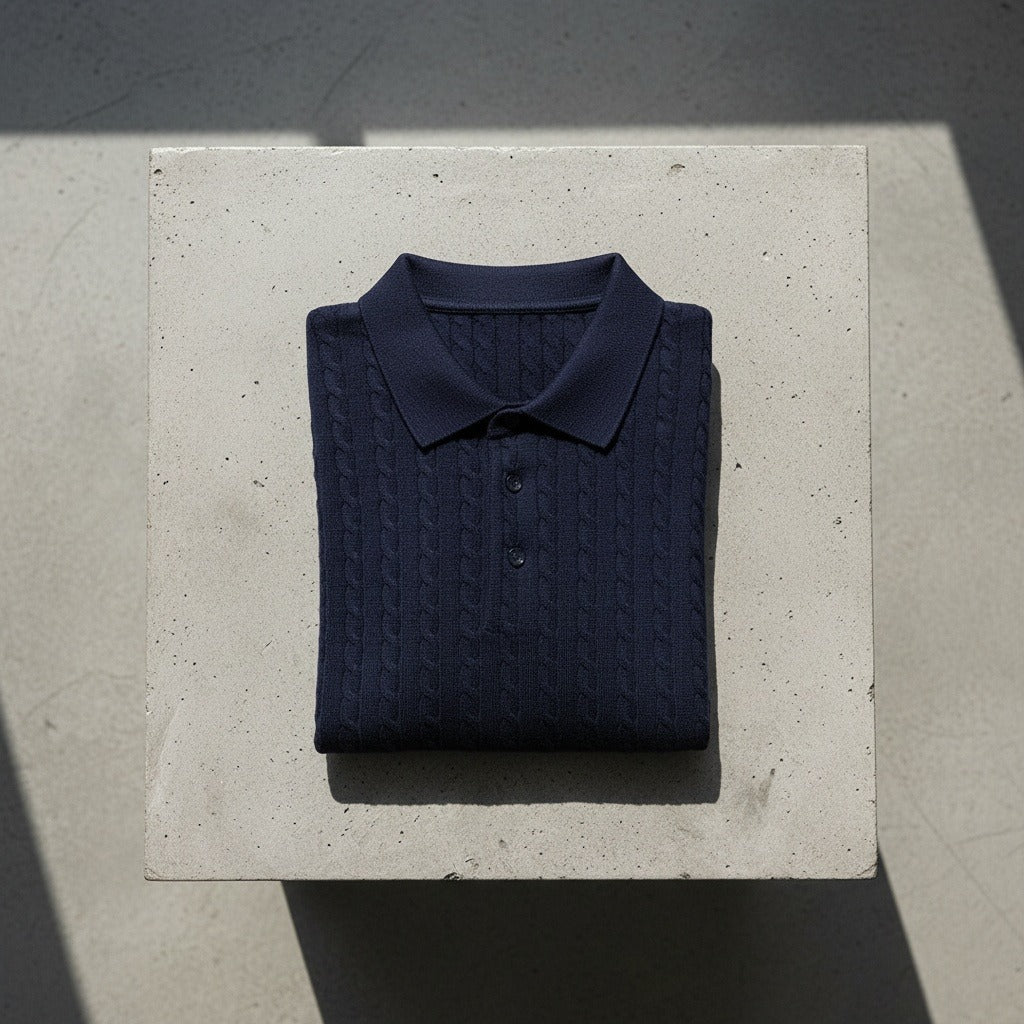 Cable Knit Polo Shirt - Navy Blue - Lifestyle Inspiration