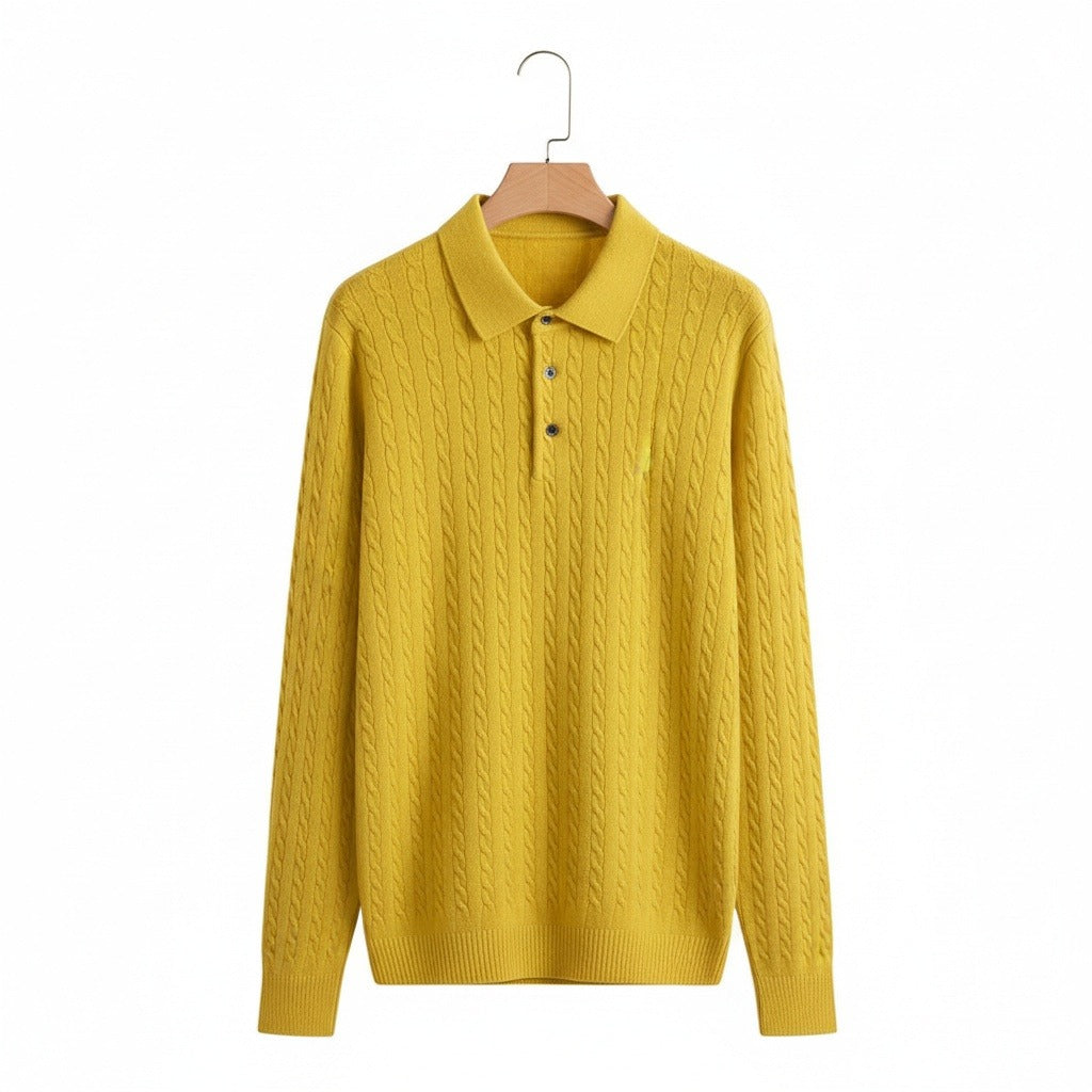 Cable Knit Polo Shirt - Daffodil Yellow - Front View