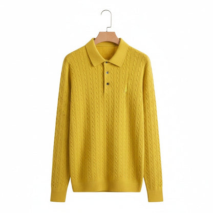 Cable Knit Polo Shirt - Daffodil Yellow - Front View