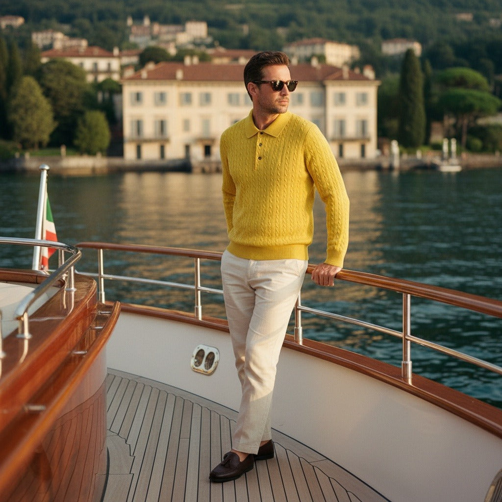 Cable Knit Polo Shirt - Daffodil Yellow - Angled Shot