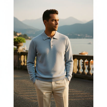 Cashmere Polo Shirt - Sky Blue - Angled Shot