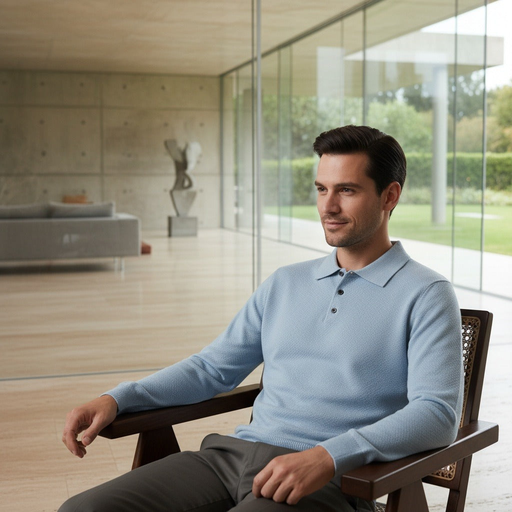 Cashmere Polo Shirt - Sky Blue - Side Profile