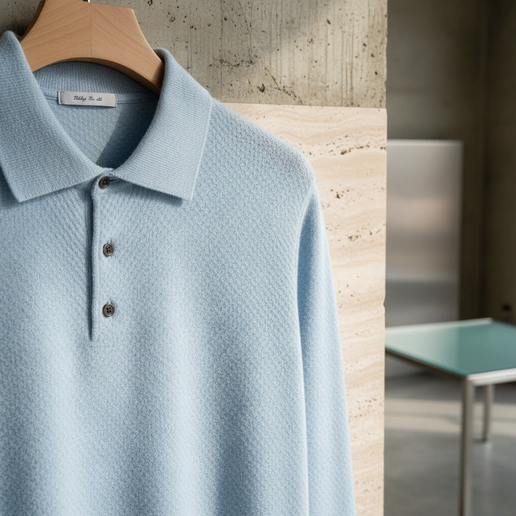 Cashmere Polo Shirt - Sky Blue - Back View