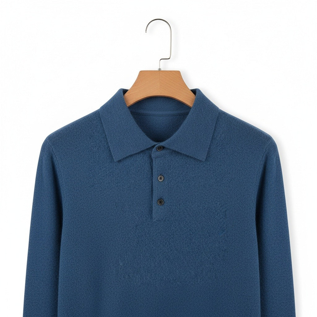 Cashmere Polo Shirt - Denim Blue - Front View
