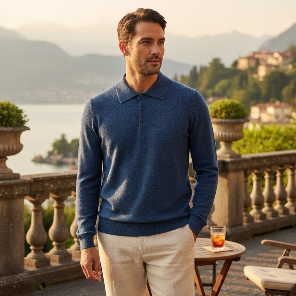 Cashmere Polo Shirt - Denim Blue - Angled Shot