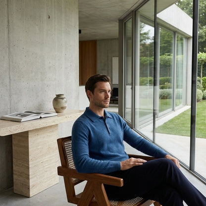 Cashmere Polo Shirt - Denim Blue - Side Profile