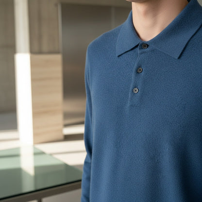 Cashmere Polo Shirt - Denim Blue - Back View