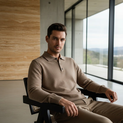 Cashmere Polo Shirt - Tan - Side Profile