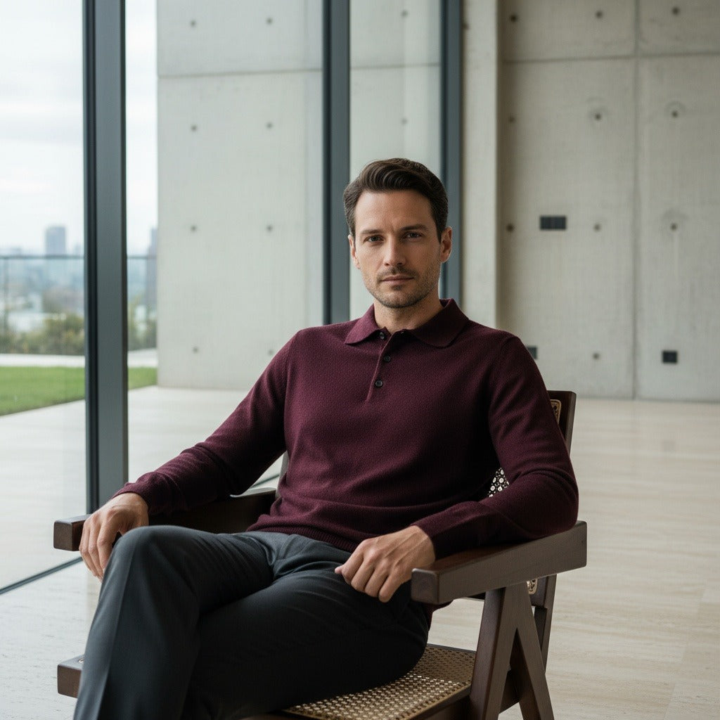 Cashmere Polo Shirt - Merlot - Side Profile