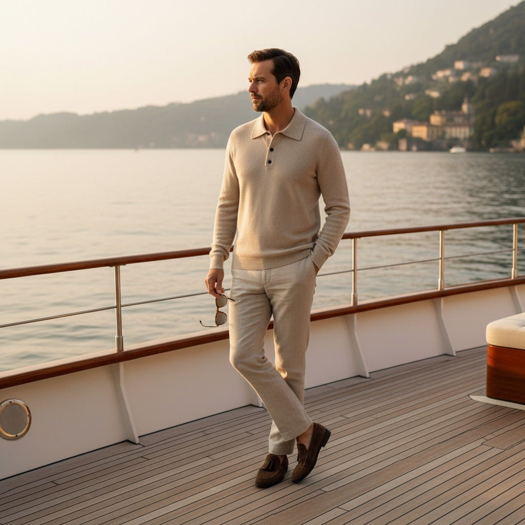 Cashmere Polo Shirt - Oatmeal - Angled Shot