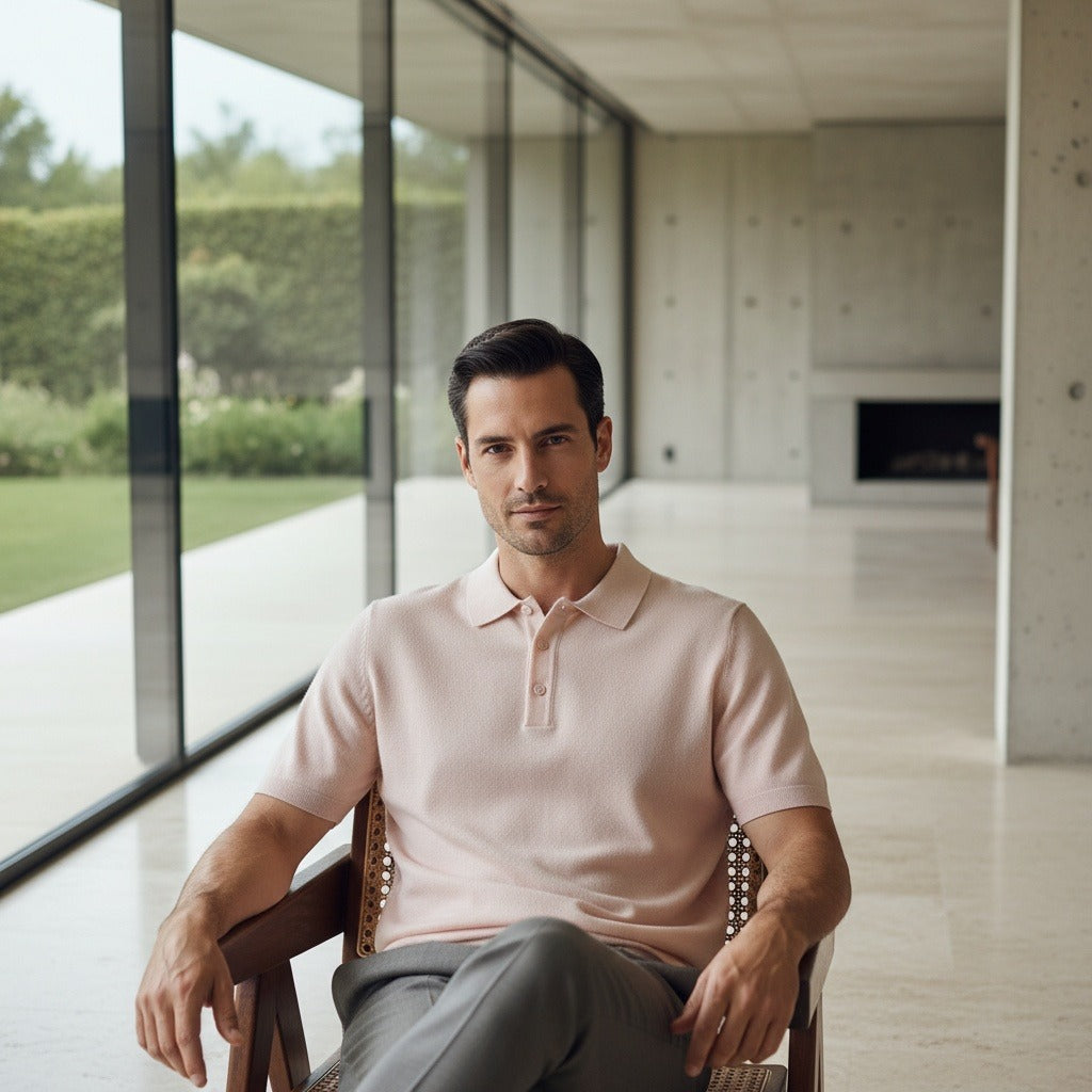 Cashmere Short Sleeve Polo Shirt - Pale Peach - Side Profile