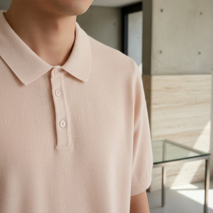 Cashmere Short Sleeve Polo Shirt - Pale Peach - Back View
