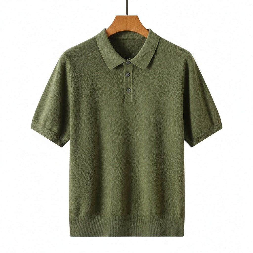 Cashmere Short Sleeve Polo Shirt - Olive Green - Front View