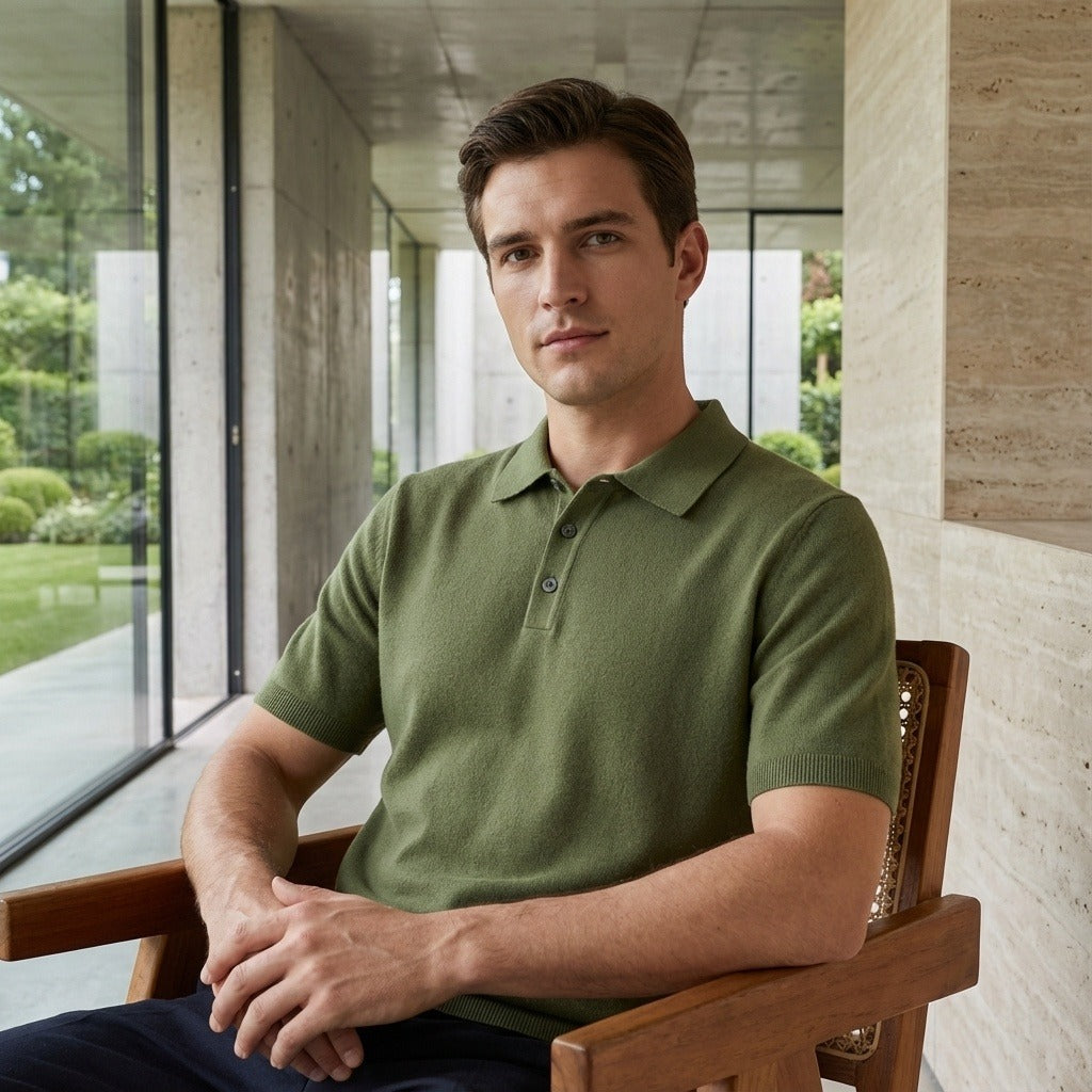 Cashmere Short Sleeve Polo Shirt - Olive Green - Side Profile