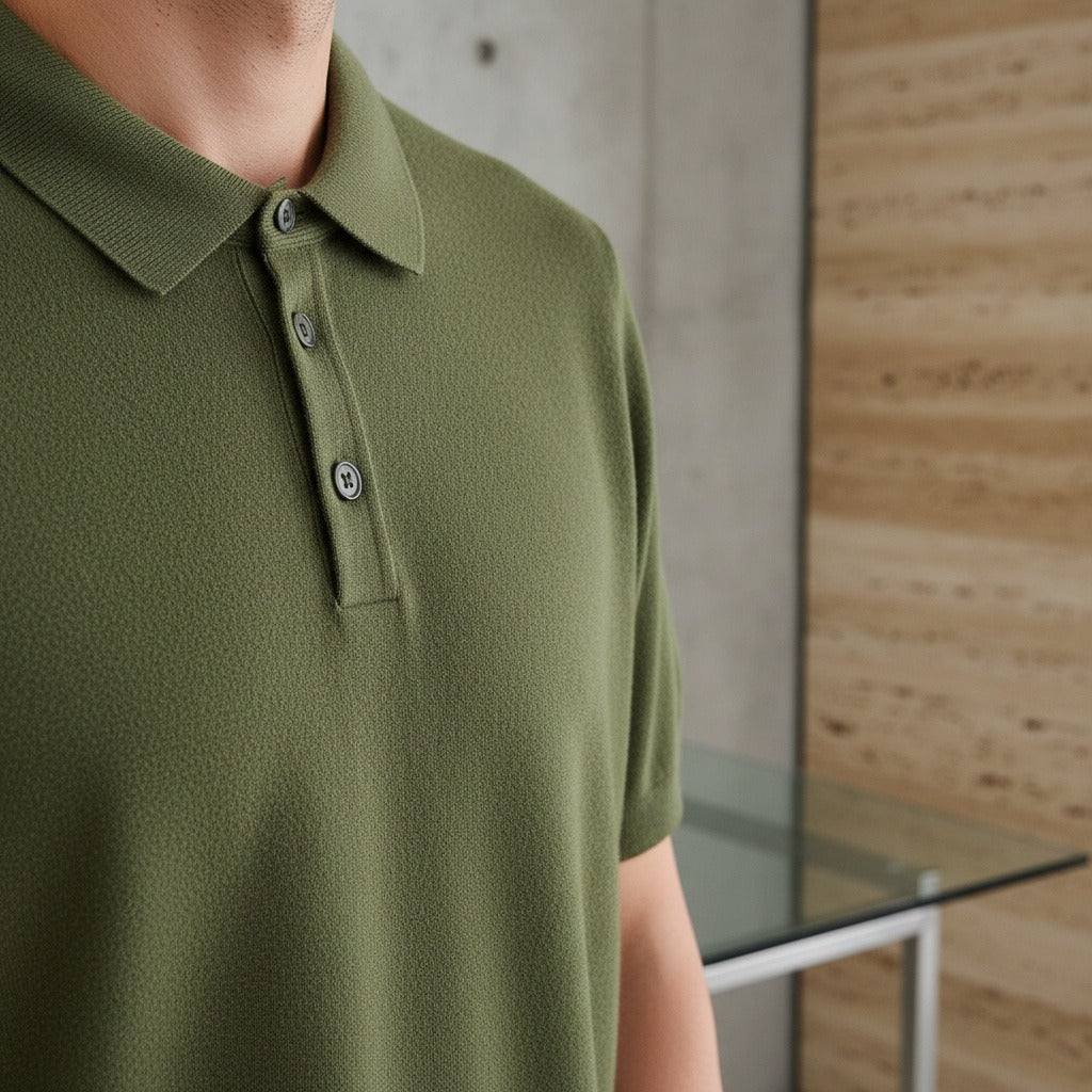 Cashmere Short Sleeve Polo Shirt - Olive Green - Back View