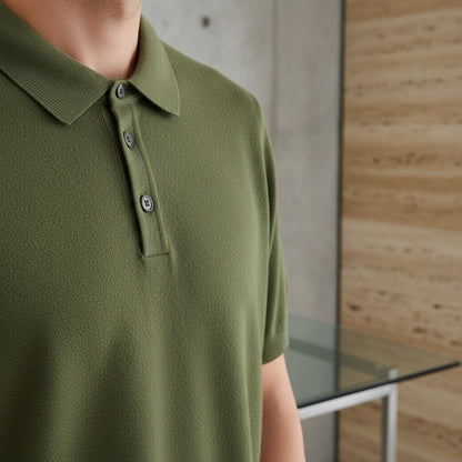 Cashmere Short Sleeve Polo Shirt - Olive Green - Back View