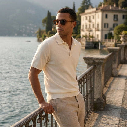 Cashmere Short Sleeve Polo Shirt - Off-White - Angled Shot