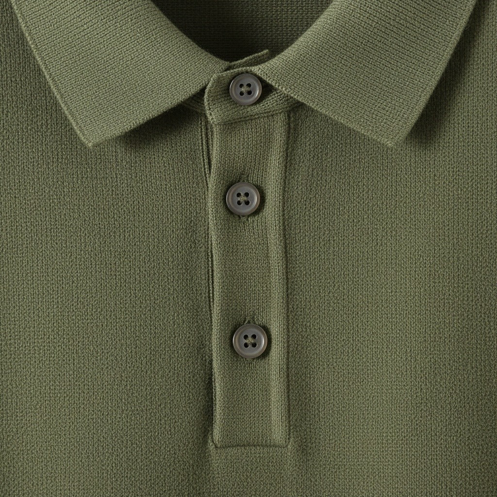 Cashmere Short Sleeve Polo Shirt - Olive Green - Texture Close Up