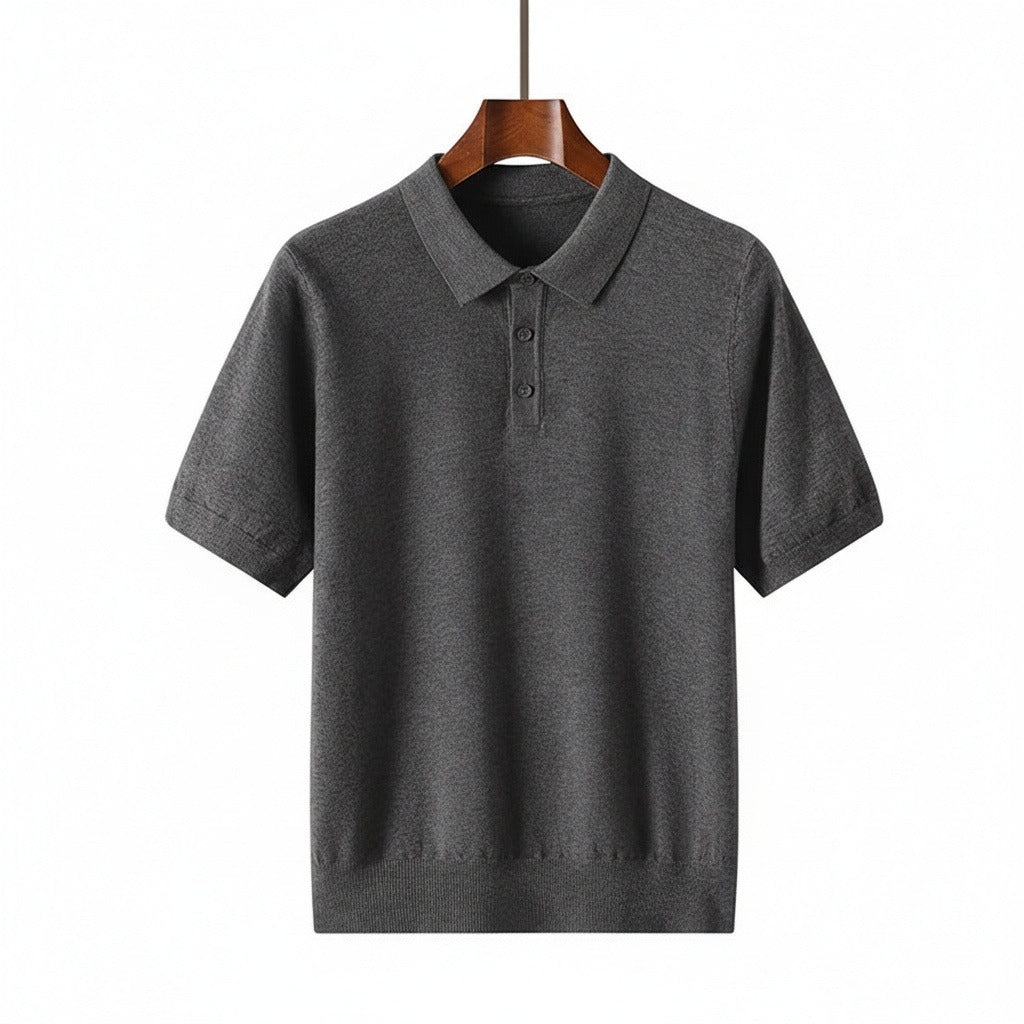 Cashmere Short Sleeve Polo Shirt - Charcoal Gray - Front View