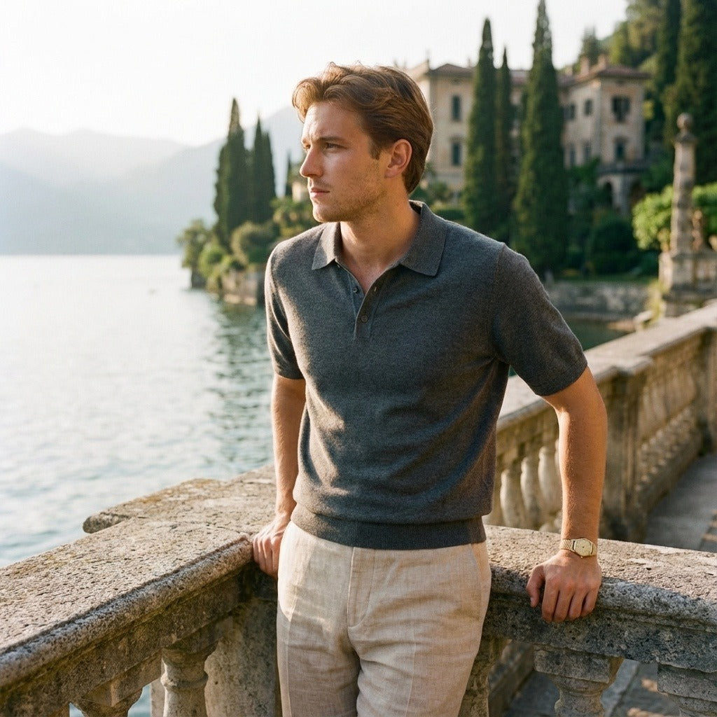 Cashmere Short Sleeve Polo Shirt - Charcoal Gray - Angled Shot