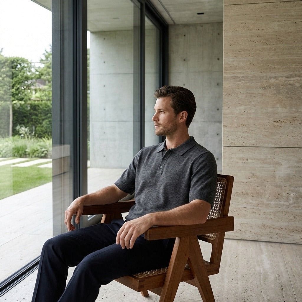 Cashmere Short Sleeve Polo Shirt - Charcoal Gray - Side Profile