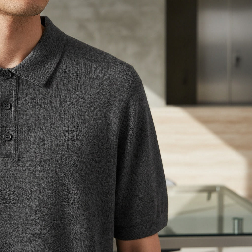 Cashmere Short Sleeve Polo Shirt - Charcoal Gray - Back View