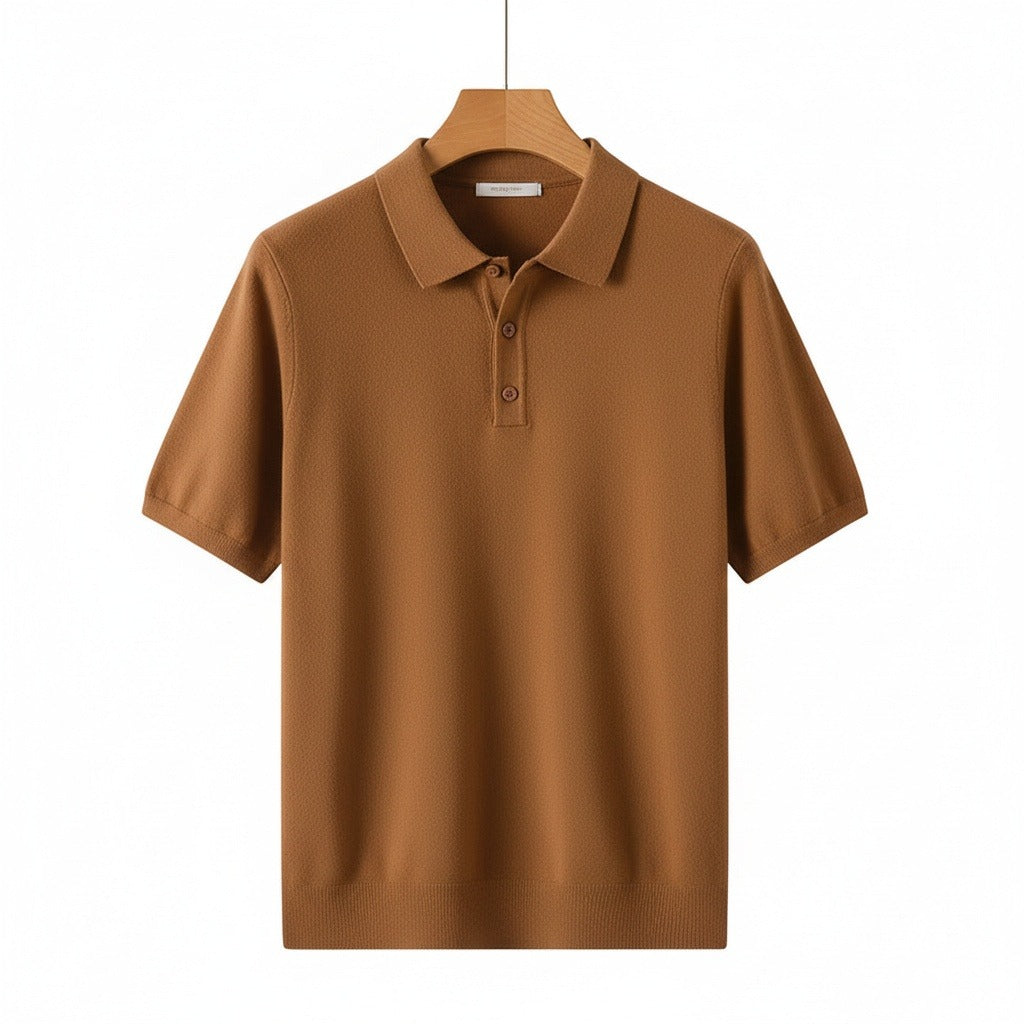 Cashmere Short Sleeve Polo Shirt - Rust Brown - Front View