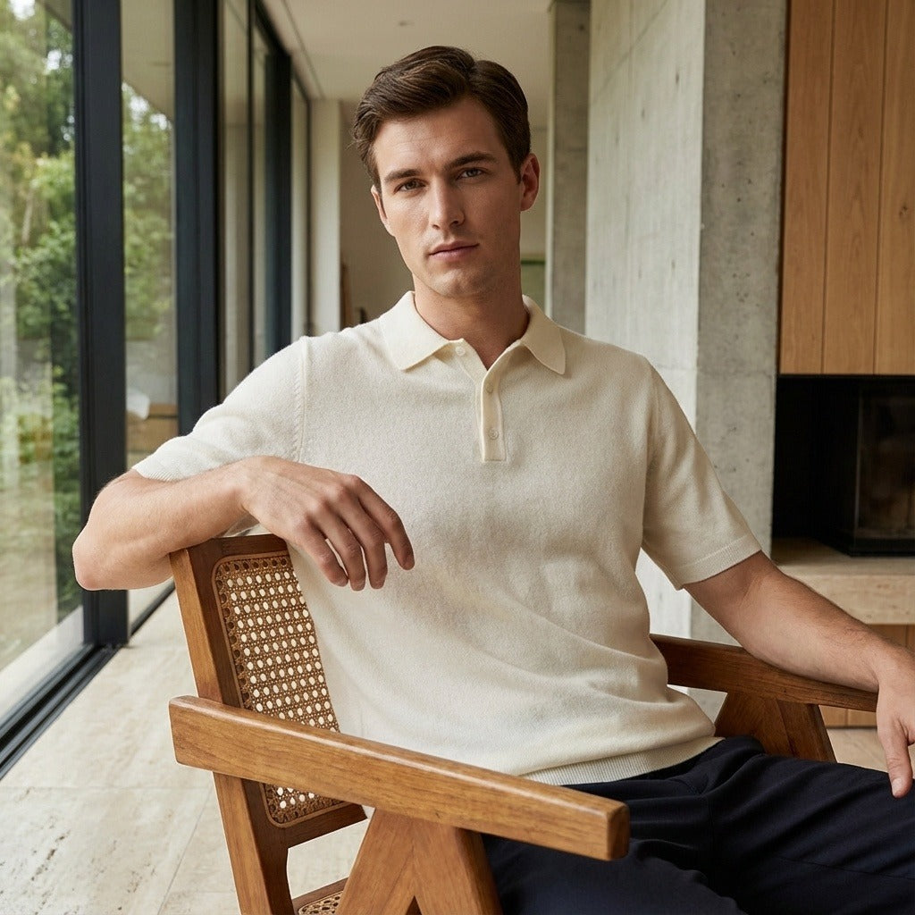Cashmere Short Sleeve Polo Shirt - Off-White - Side Profile