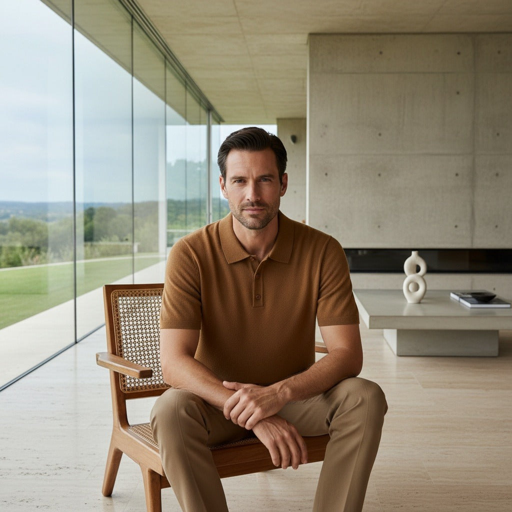 Cashmere Short Sleeve Polo Shirt - Rust Brown - Side Profile