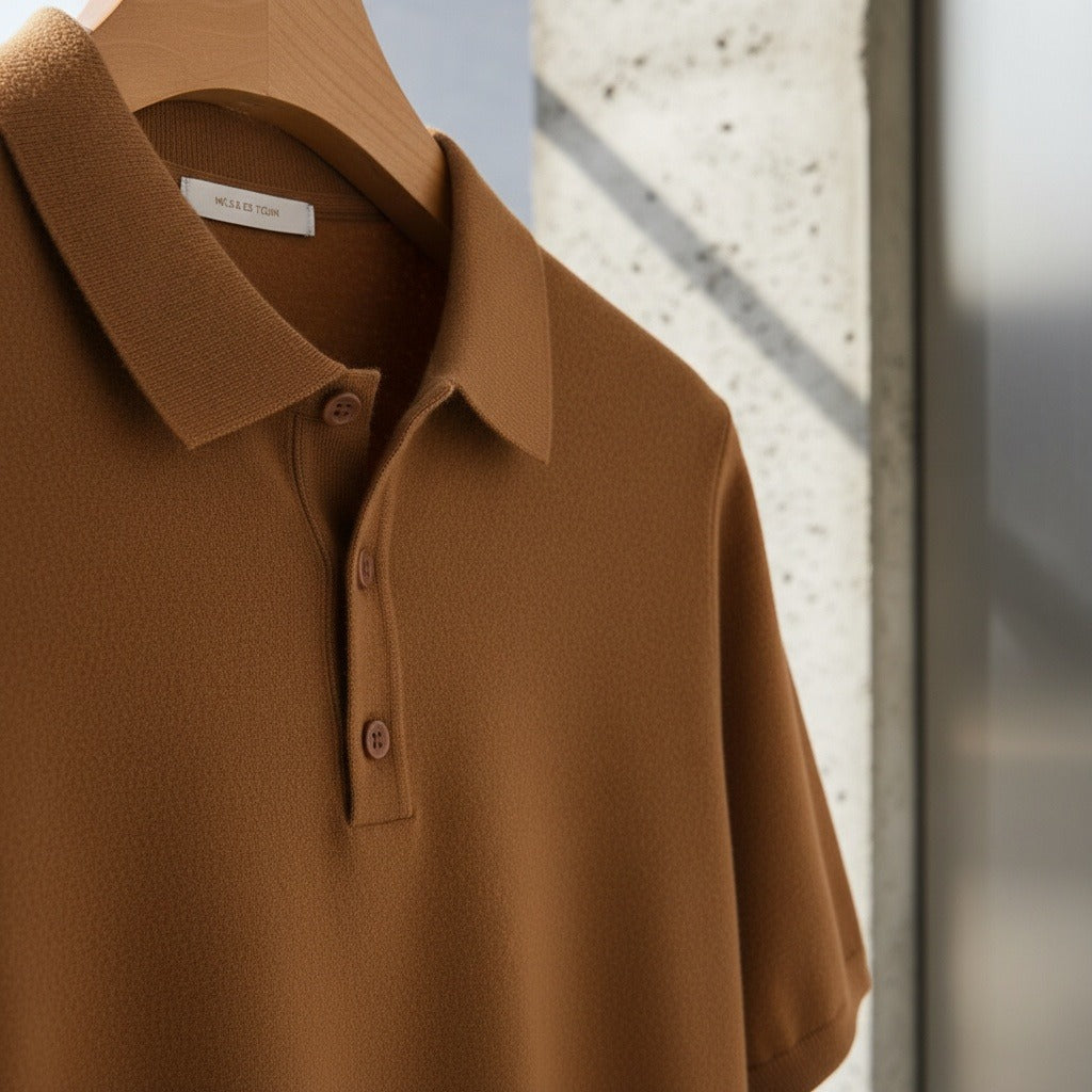 Cashmere Short Sleeve Polo Shirt - Rust Brown - Back View