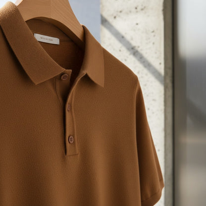 Cashmere Short Sleeve Polo Shirt - Rust Brown - Back View