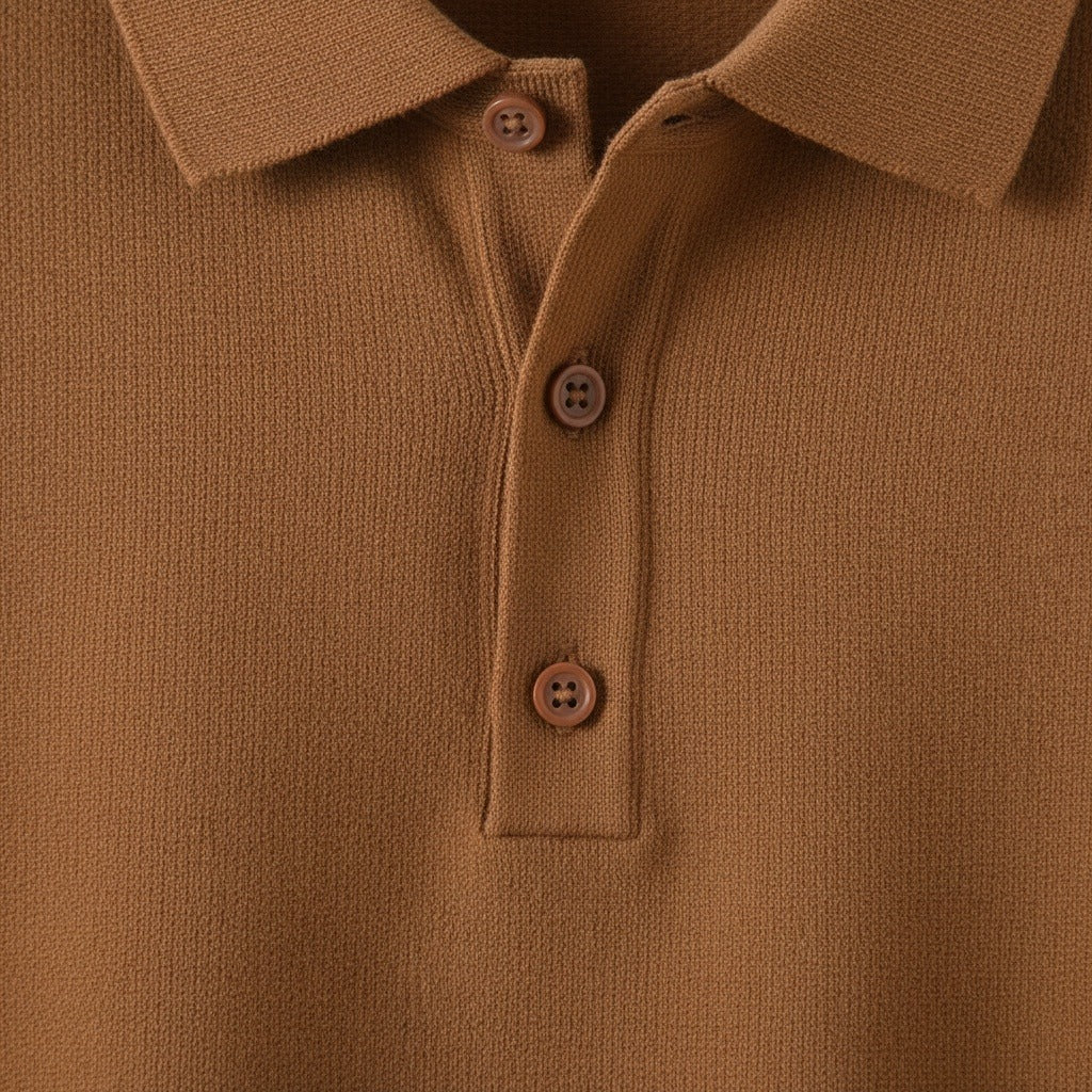Cashmere Short Sleeve Polo Shirt - Rust Brown - Texture Close Up