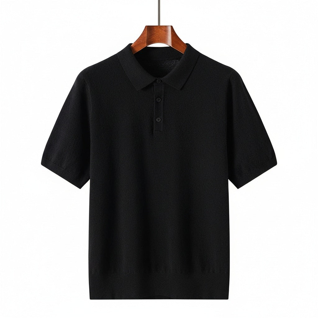 Cashmere Short Sleeve Polo Shirt - Jet Black - Front View