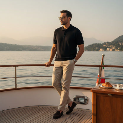 Cashmere Short Sleeve Polo Shirt - Jet Black - Angled Shot