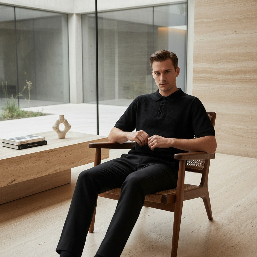 Cashmere Short Sleeve Polo Shirt - Jet Black - Side Profile