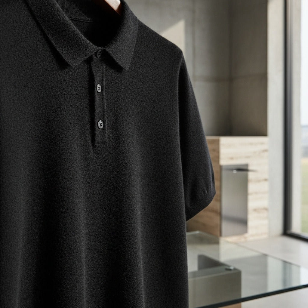 Cashmere Short Sleeve Polo Shirt - Jet Black - Back View