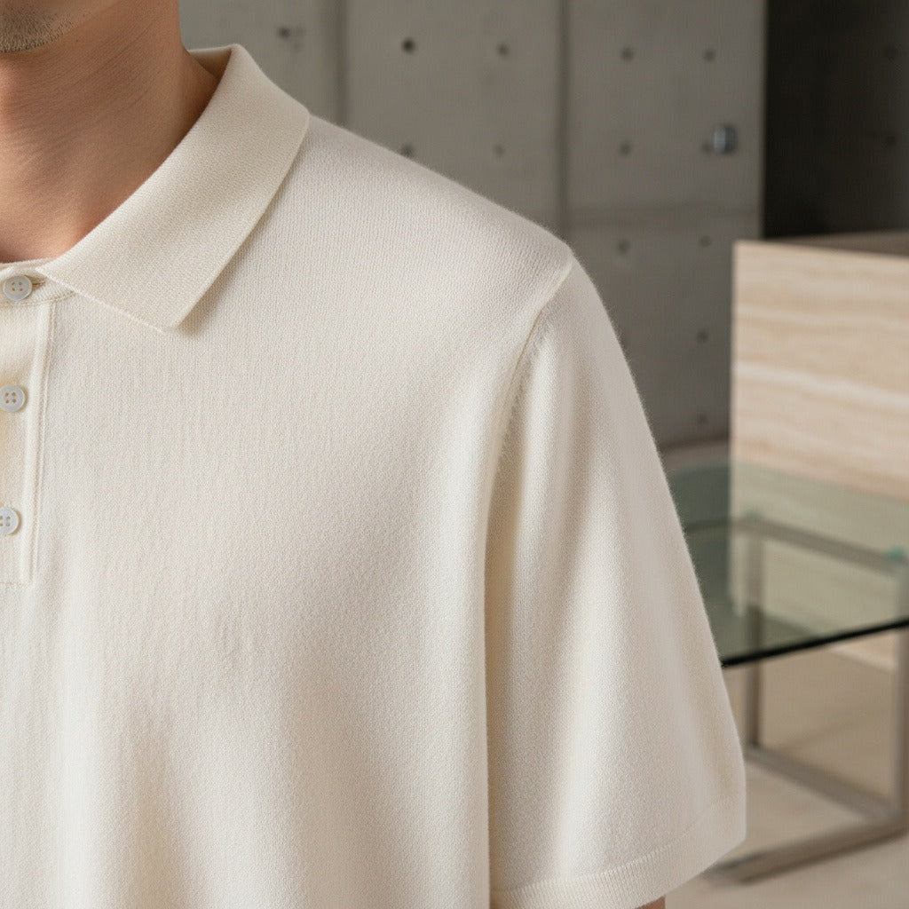 Cashmere Short Sleeve Polo Shirt - Off-White - Back View