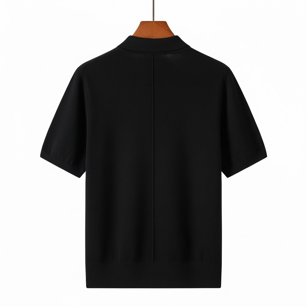 Cashmere Short Sleeve Polo Shirt - Jet Black - Fabric Detail