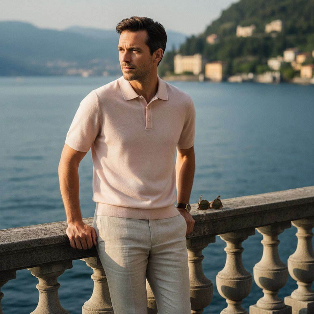 Cashmere Short Sleeve Polo Shirt - Pale Peach - Angled Shot