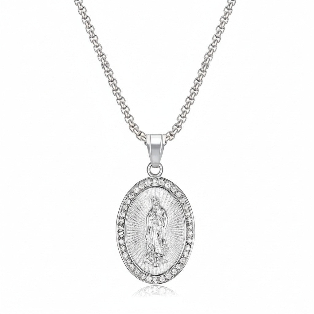 Catholic Virgin Mary Necklace - Silver - Front View